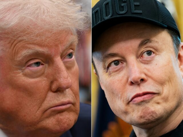 trump and m,usk (COMBO) This combination of pictures created on June 5, 2025 shows US President Donald Tru