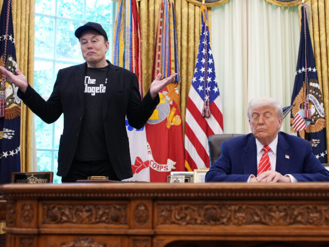 Trump Eyes Closed and Musk Tesla CEO Elon Musk speaks alongside U.S. President Donald Trump to reporters in the Oval