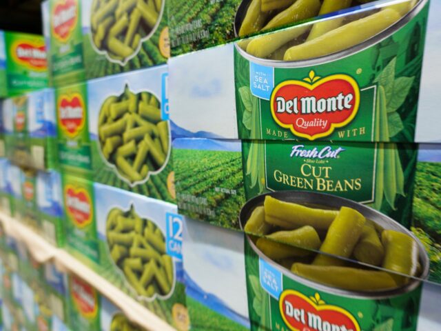 SAN DIEGO, CALIFORNIA - APRIL 4: Packages of Del Monte canned green beans are stacked at a