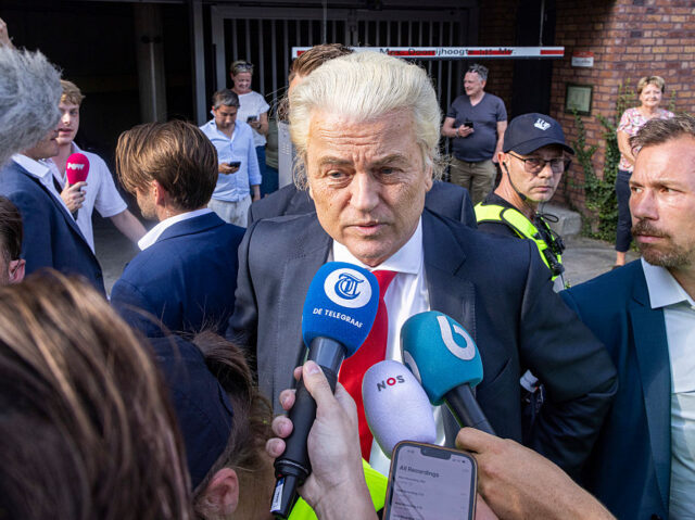 Protest Erupts In Helmond Over Planned Youth Asylum Center Amid Rising Political Tensions In Helmond, Netherlands, on July 1, 2025, Geert Wilders speaks to the media and the crowd