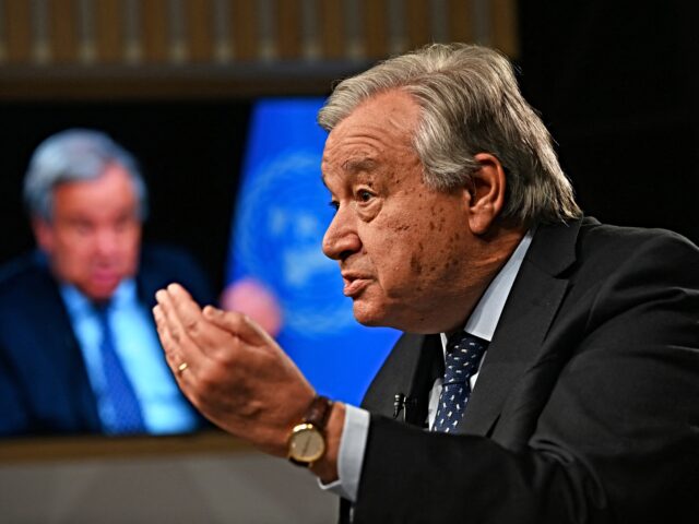 UN Secretary-General Antonio Guterres speaks during an interview at the United Nations hea